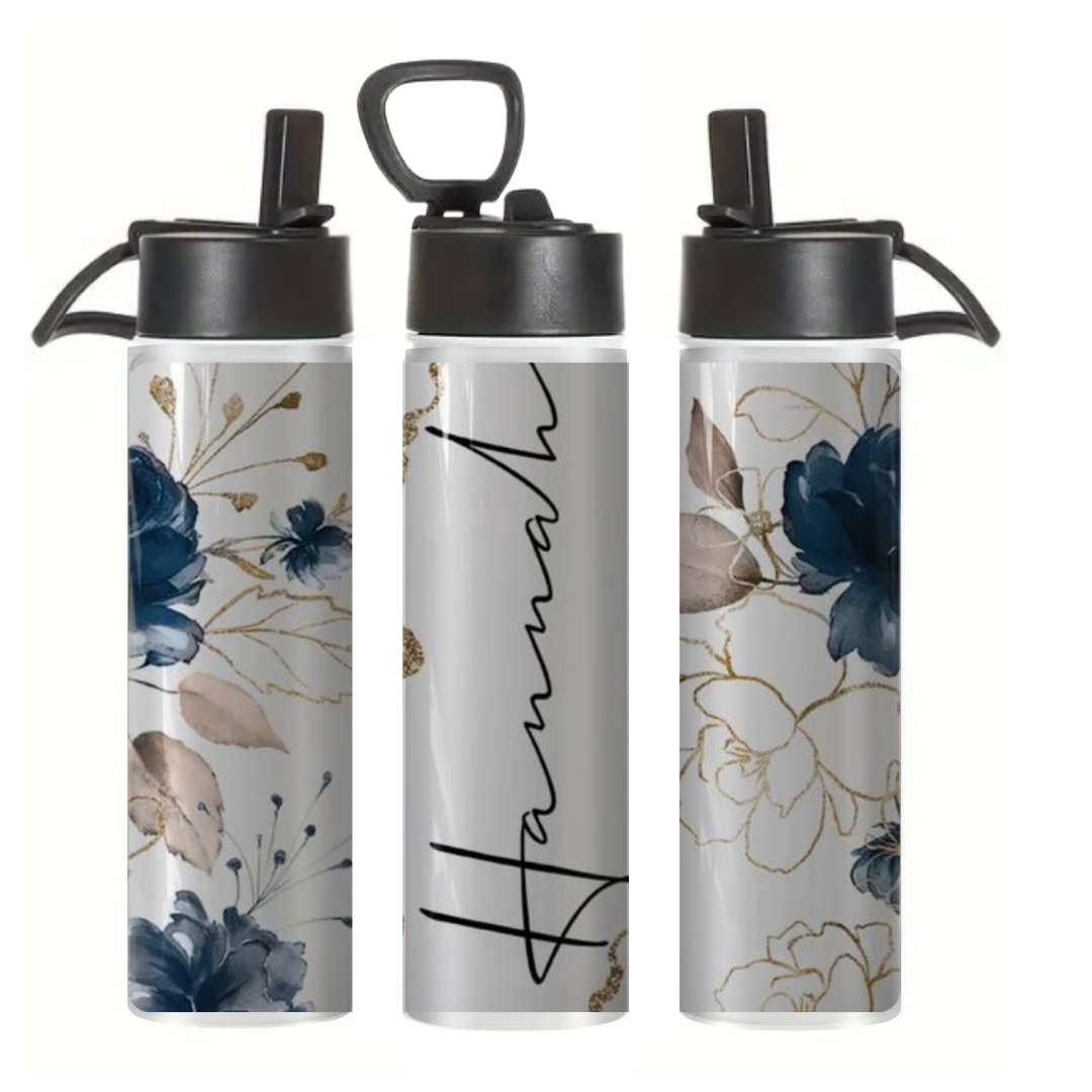 Blue Beige Floral Name - Tumbler & Bottle