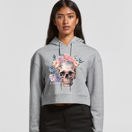 Womens Floral Skull Crop Hoodie