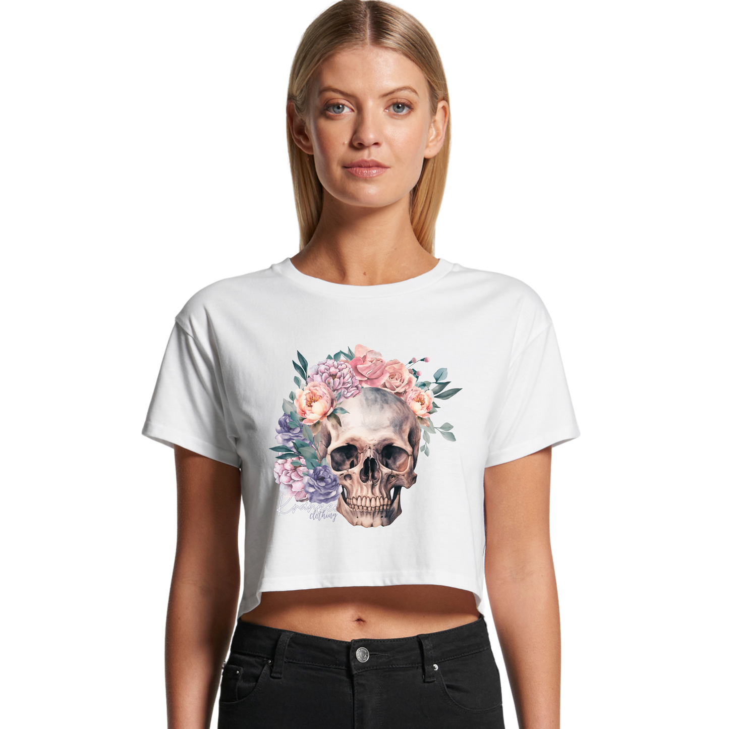 Womens Floral Skull Crop Tee