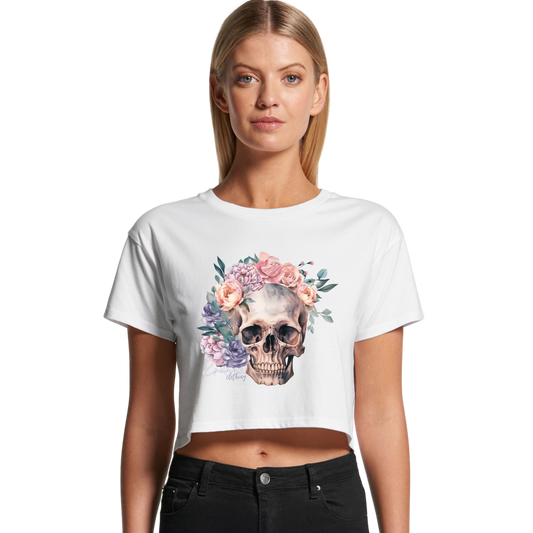 Womens Floral Skull Crop Tee