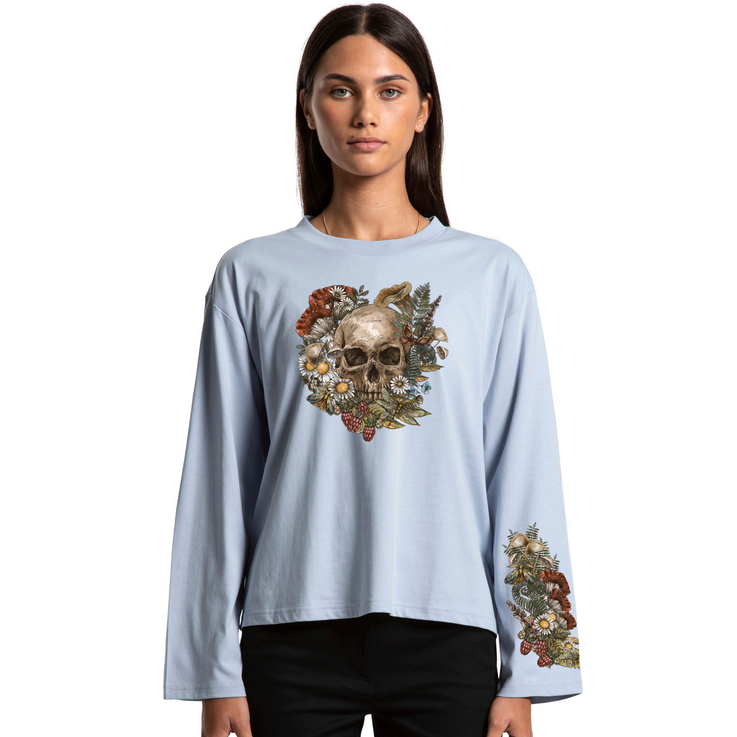Womens Wild Flora Skull Boxy L/Sleeve