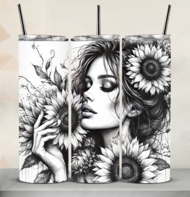 B&W Sunflower Lady - Tumbler & Bottle