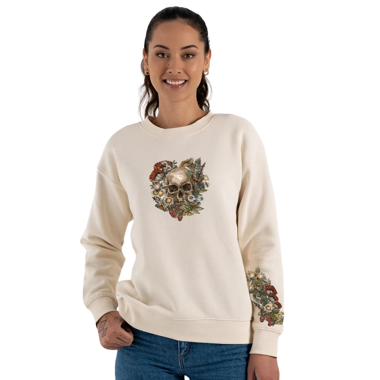 Womens Wild Flora Skull Crew Neck