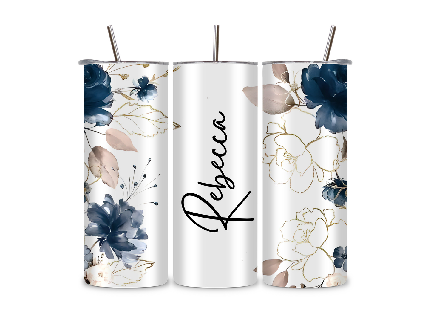 Blue Beige Floral Name - Tumbler & Bottle